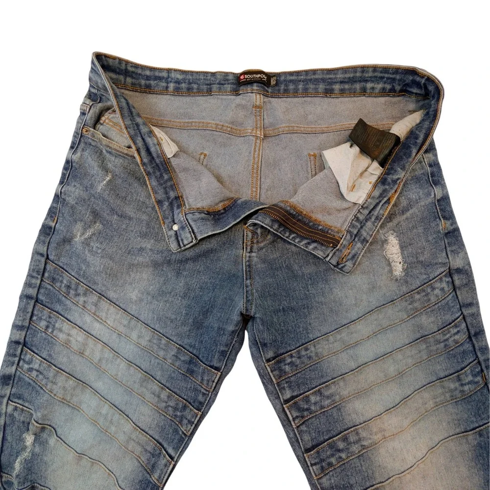 Southpole Mens Skinny Moto Jeans 40x32 Distressed Blue Denim Streetwear Pleated